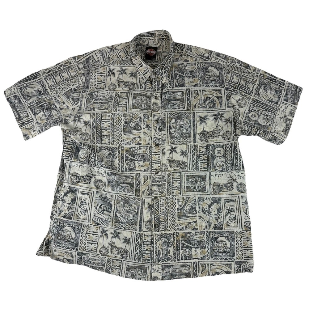 VTG Harley Davidson Hawaiian Shirt Men's 3XL Beige Biker Button Up Tori‎ Richard